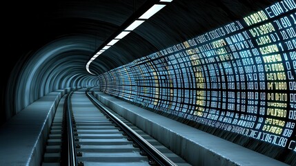 A futuristic tunnel with illuminated digital displays lining the walls, creating a high-tech, cybernetic atmosphere.