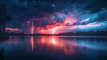 Fototapeta premium A thunderstorm over a tranquil lake, with lightning bolts reflecting off the water's surface and creating dramatic patterns of light. The dark storm clouds and bright flashes of light contrast with
