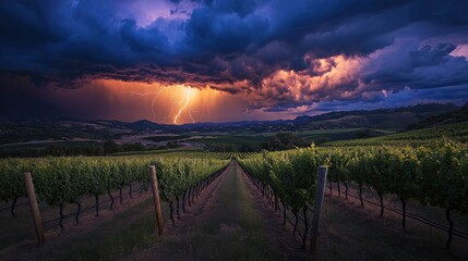 Obraz premium A thunderstorm over a scenic vineyard, with lightning bolts illuminating the rows of grapevines and the surrounding hills. The dark storm clouds and bright flashes of light create a dramatic contrast