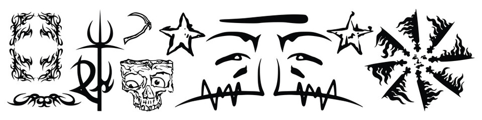 Collection Of Grunge Y2k Tattoo Metal Streetwear Graphic Elements. Gothic Neo Tribal Cyber Sigilism Shapes Vector Design