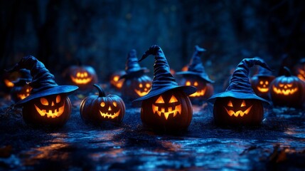 Obraz premium Glowing Jack-o'-Lanterns with Witch Hats in a Spooky Halloween Forest