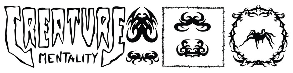 Collection Of Grunge Y2k Tattoo Metal Streetwear Graphic Elements. Gothic Neo Tribal Cyber Sigilism Shapes Vector Design
