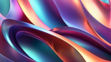 Abstract background of swirling, glossy, iridescent shapes in purple, blue, and orange tones.