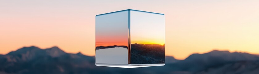 Reflective cube against a blurred mountain sunset background.