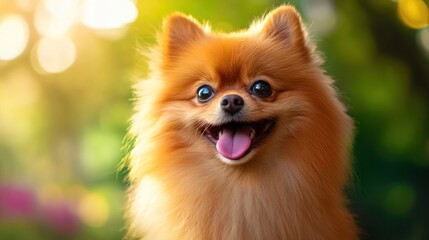 Obraz premium A cheerful Pomeranian dog with a bright smile in a natural outdoor setting.