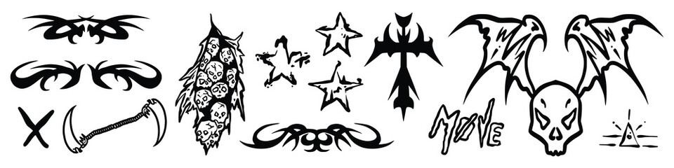 Metal tattoo set, gothic cyber body ornament shapes kit, Celtic vector abstract Hawaiian sign. Maori sleeve symbol y2k Polynesian metal abstract symmetry swirl wing.