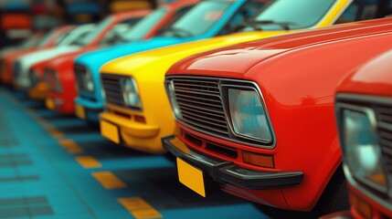 Vintage colorful cars lined up in a row showcasing classic design and vibrant paintwork in a nostalgic display.