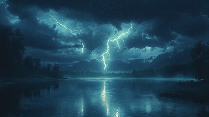 A thunderstorm over a tranquil lake, with lightning bolts reflecting off the water's surface and creating dramatic patterns of light. The dark storm clouds and bright flashes of light contrast with