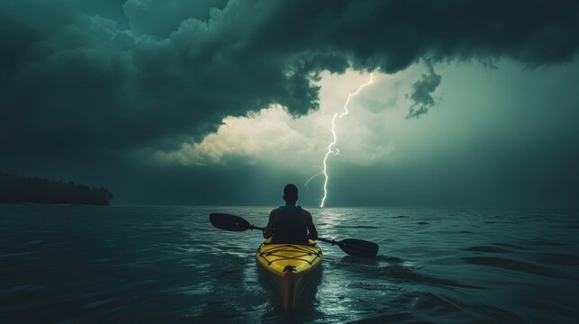 A person kayaking in sea water with lightning strick