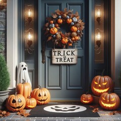 Obraz premium A festive porch decorated for Halloween, featuring carved pumpkins, a ghost figure, and a Trick or Treat sign. The playful and spooky elements create a welcoming scene, perfect for seasonal and