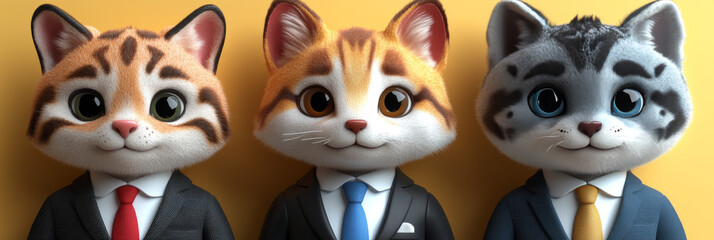 Fototapeta premium Three cartoon cats in suits and ties.