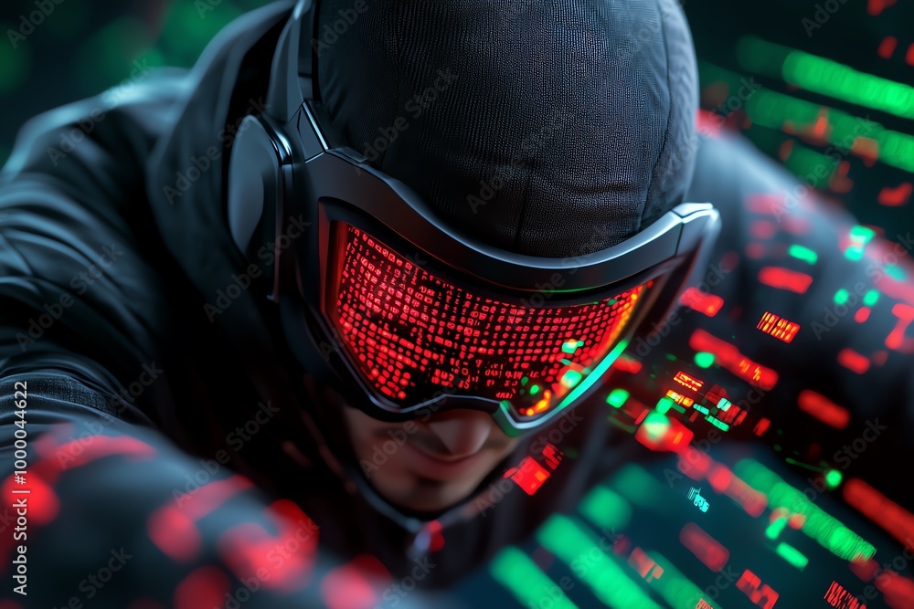 Aufkleber 3D-rendered hacker breaking through virtual firewalls, with glowing red and green data streams representing successful breaches and security layers in a digital world