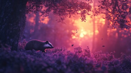A serene forest scene at dusk featuring a badger amidst vibrant purple and orange hues.