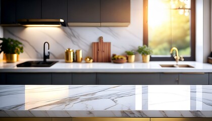Kitchen with white marble countertop. Modern interior with empty tabletop with blur background. Luxury mockup with golden elements for product presentation. Stand with sunlight


