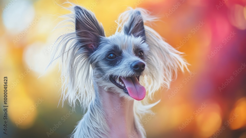 Wall mural A cheerful dog with fluffy ears and a joyful expression against a colorful background.