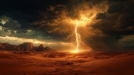 A lightning storm over a scenic desert, with bolts of lightning striking the barren landscape and casting dramatic shadows on the sand dunes. The dark storm clouds and bright flashes of light create