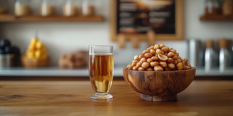 A glass of amber liquid and a wooden bowl filled with sweet, caramelized nuts, set against a backdrop of blurred kitchen shelves.