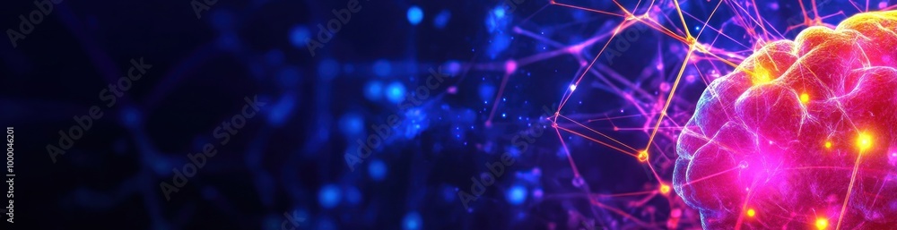 Poster a vibrant digital illustration of a brain interconnected with neural networks.