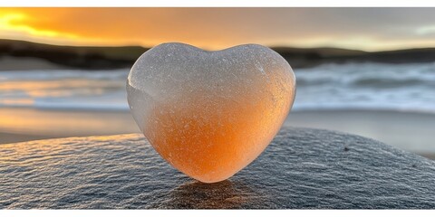 Fototapeta premium A translucent heart-shaped glass object sits on a rock against a backdrop of a blurred ocean and sunset.