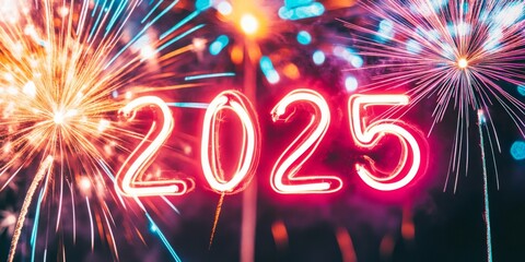 Colorful fireworks illuminate the sky as the year 2025 is celebrated during a vibrant New Year's Eve even