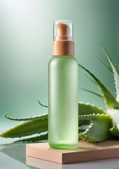 Mock up the collagen hydrating serum or any beauty product  in glass bottle from natural ingredients, placed on mirrored glass, surrounded aloe vera.