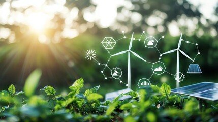 Renewable Energy Sustainable Development Concept with Solar Panels and Wind Turbines in Nature Landscape