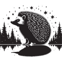 Hedgehog Silhouette, Stylish icon, template, background, tattoo. Print for t-shirt. Hand drawn vector illustration, Coati black vector, isolated.