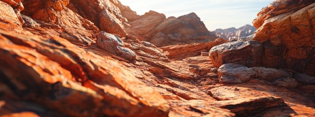 Obraz premium A rocky landscape bathed in warm sunlight, showcasing natural textures and formations.