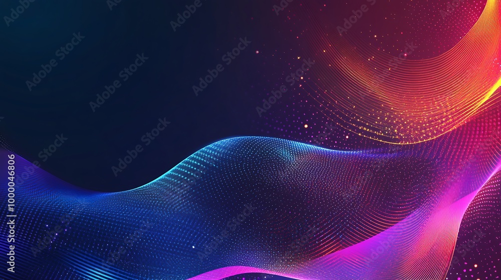 Poster abstract wavy pattern with glowing particles and blue and pink colors on dark background.