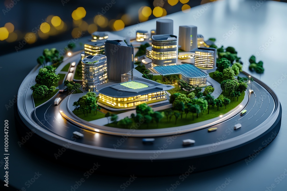 Poster 3d-rendered model of a sustainable city, where users can explore buildings powered by renewable ener
