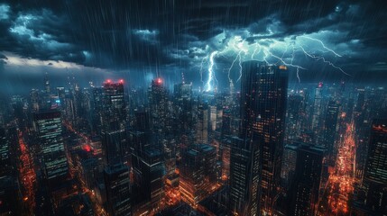 Fototapeta premium A thunderstorm over a modern cityscape, with lightning bolts striking the skyscrapers and reflecting off the glass facades. The dark storm clouds and bright flashes of light create a dramatic