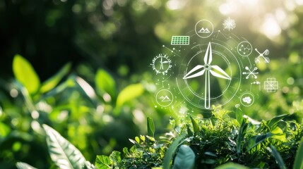 Obraz premium Sustainable Green Energy Concept with Wind Turbine and Solar Panels in Nature