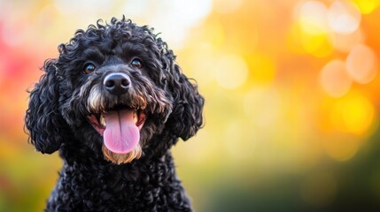A cheerful black dog with curly fur, smiling in a colorful, blurred background.