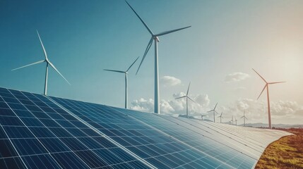 Renewable Energy Wind Turbine and Solar Panel Farm in Scenic Rural Landscape