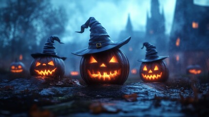 Fototapeta premium Glowing Jack-o'-Lanterns with Witch Hats in a Spooky Halloween Forest