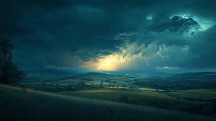 Obraz premium A thunderstorm over a tranquil countryside, with lightning bolts illuminating the fields and rolling hills. The dark storm clouds and bright flashes of light create a dramatic contrast with the