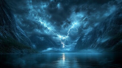 Fototapeta premium A thunderstorm over a scenic fjord, with lightning bolts illuminating the dramatic cliffs and the still waters below. The dark storm clouds and bright flashes of light create a striking contrast with