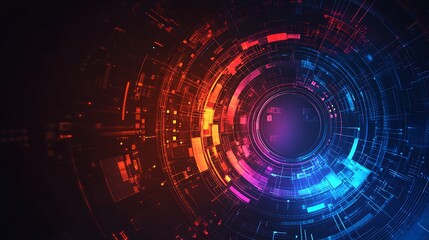Obraz premium Abstract digital technology background with glowing neon circles and lines.