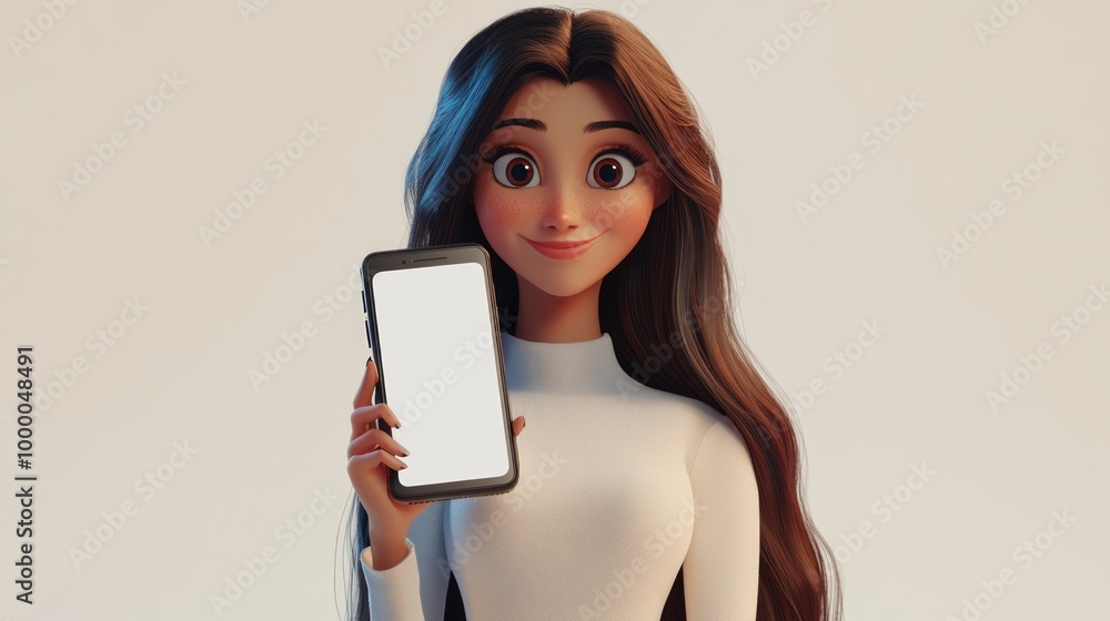 Poster a cheerful animated character holding a smartphone with a blank screen.