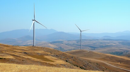 Wind turbines on rolling hills in scenic countryside landscape