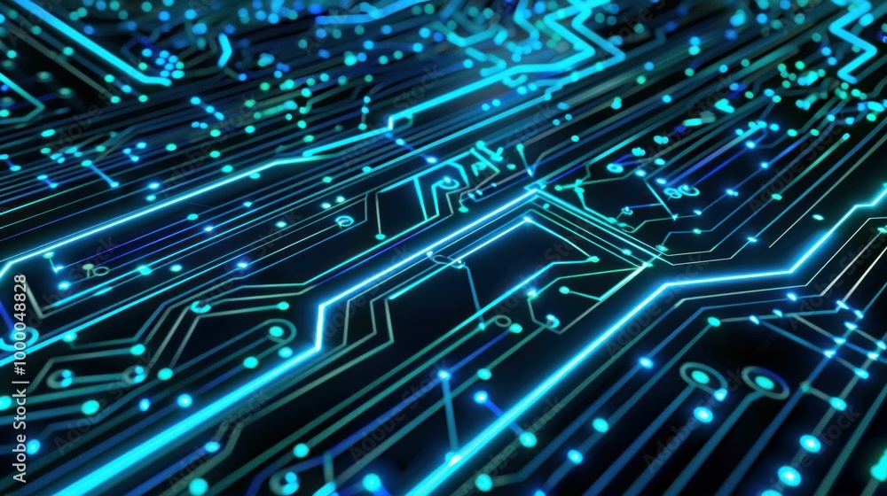 Poster abstract circuit board design with glowing blue lines on a dark background, representing technology 