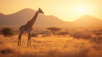 Obraz premium A solitary giraffe stands gracefully against a sunset in a serene savannah landscape.