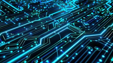 Abstract circuit board design with glowing blue lines on a dark background, representing technology and innovation