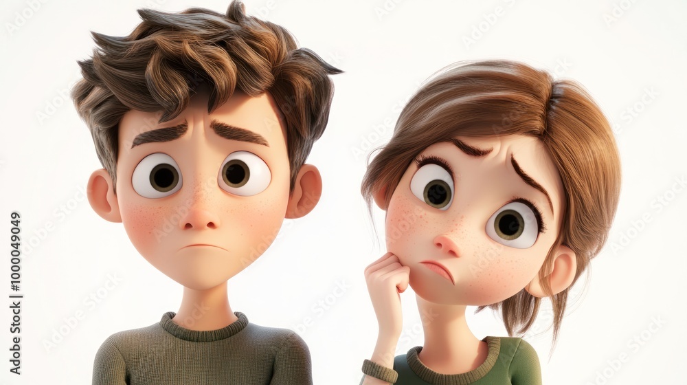 Poster two animated characters display concern with expressive faces and casual clothing.