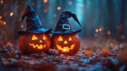 Naklejka premium Glowing Jack-o'-Lanterns with Witch Hats in a Spooky Halloween Forest