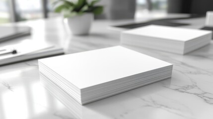 A neatly stacked pile of blank business cards rests on a sleek, white marble tabletop, ready to be personalized with contact information and a creative design.