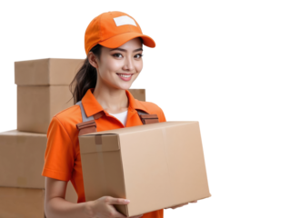 Female delivery staff wearing company uniform standing holding a parcel box, smiling face