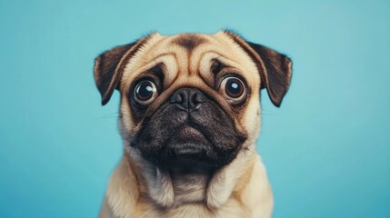 A close-up portrait of a pug with expressive eyes against a blue background.