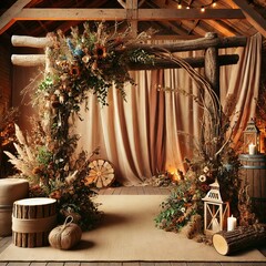 Obraz premium Rustic Wooden Archway Decorated with Dried Flowers Lanterns and Candles
