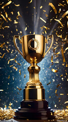 Golden Trophy and confetti on light background Victory concept. Business achievement, ceremonial, prestigious or sports award Celebration